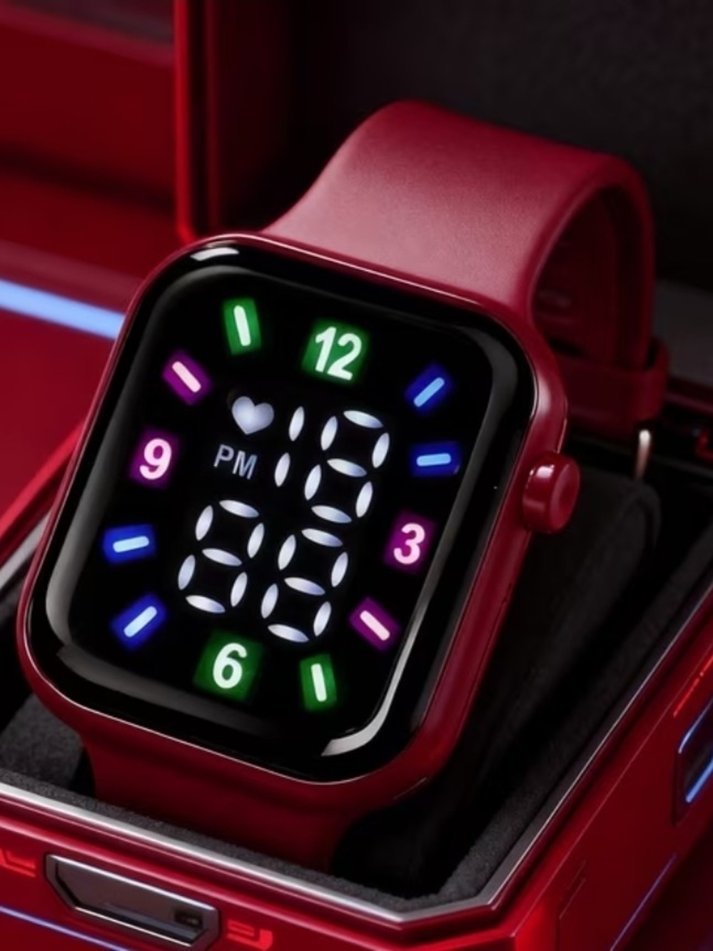 NWOT Red Smartwatch with Silicone Band and Colorful LED Dial